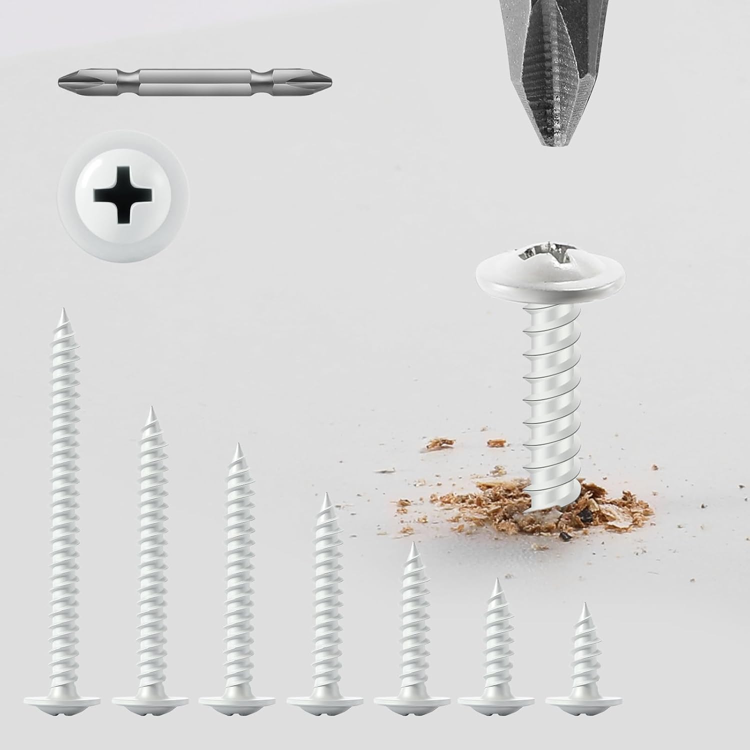 #8 x 1 Inch Wood Screw 175Pcs White Alloy Steel Standard Thread Phillips Truss Head Fast Self Tapping