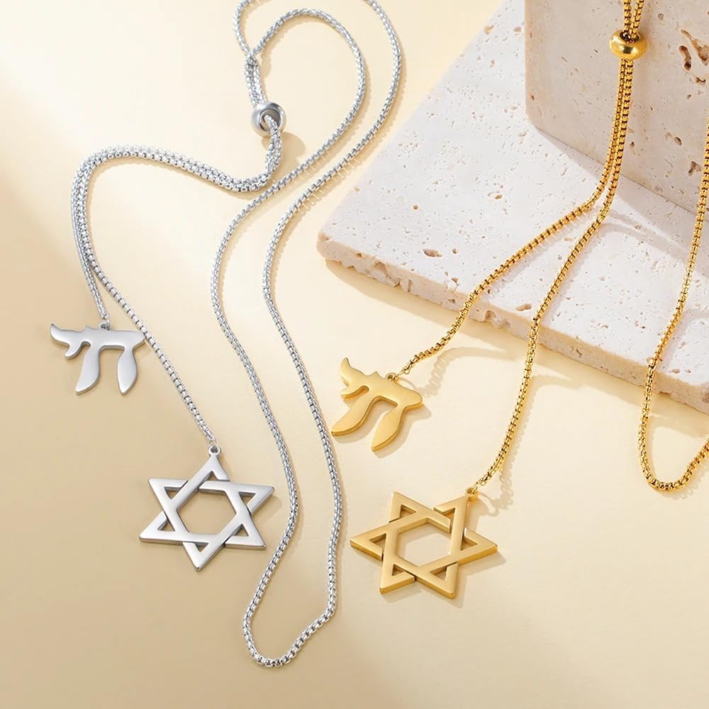 Star of David and Jewish Hebrew Chai Pendant Long Necklace Sweater Chain Hexagram Judaism Stainless Steel Jewelry