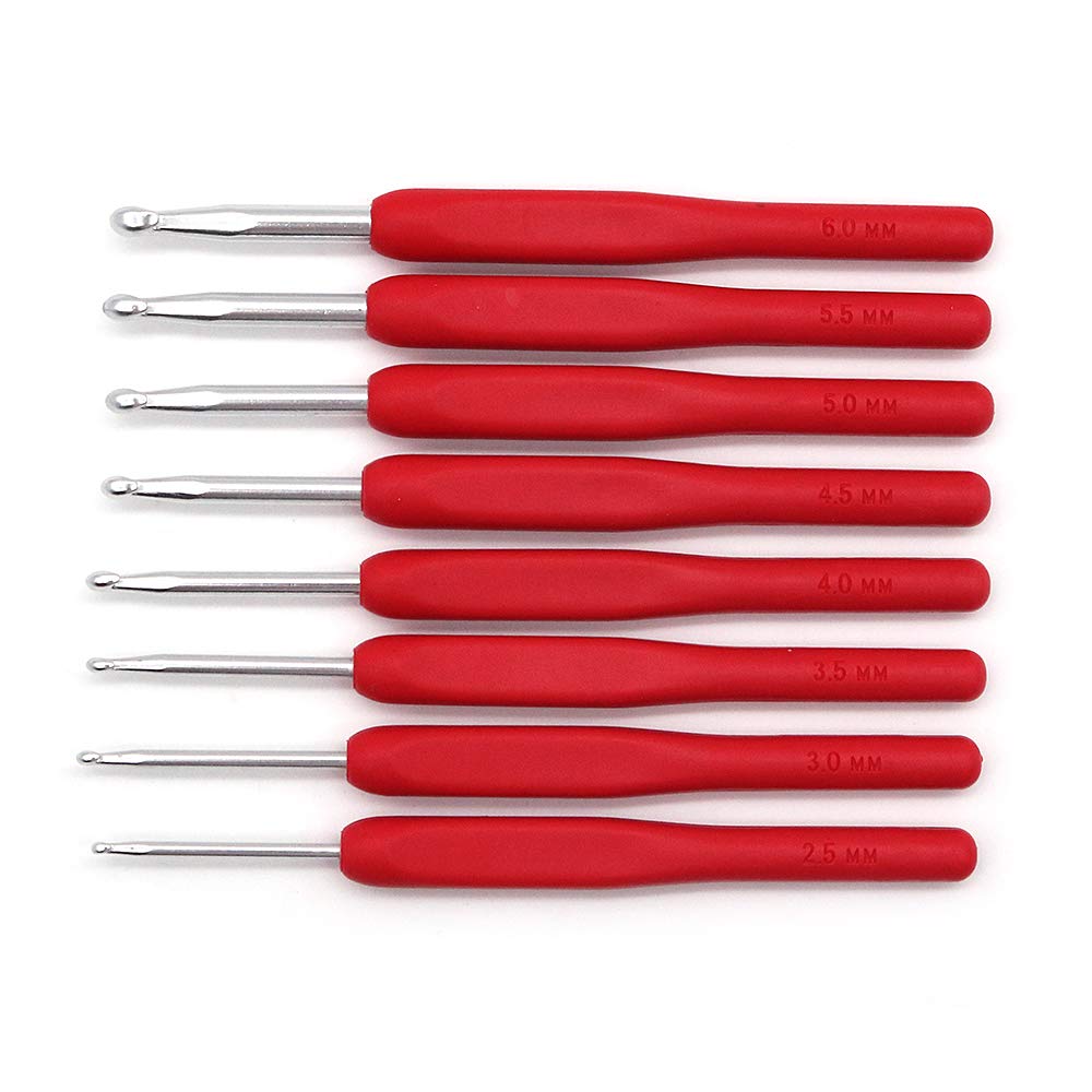Voanzo Red 8Pcs Crochet Hook Set Single-Head Aluminum Crochet Hooks Knitting Needles (Size 2.5Mm-6Mm)