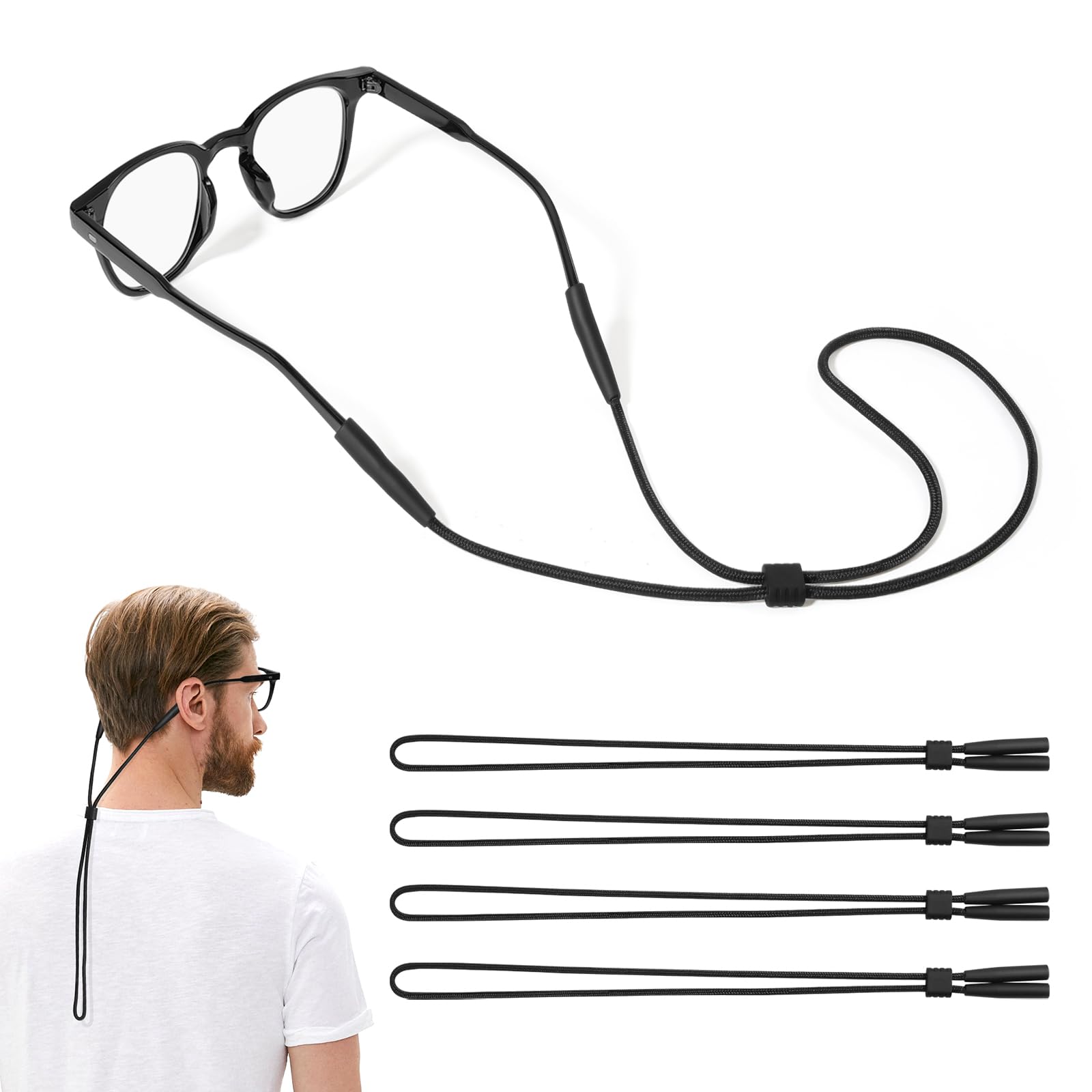MoKo Correa de Gafas Ajustables, 4 Piezas Retenedores de Gafas de Sol Deportivos Universales para Hombre Mujer, Correa de Seguridad para Gafas Cordón para Gafas de Sol de Unisexo para Todos, Negro