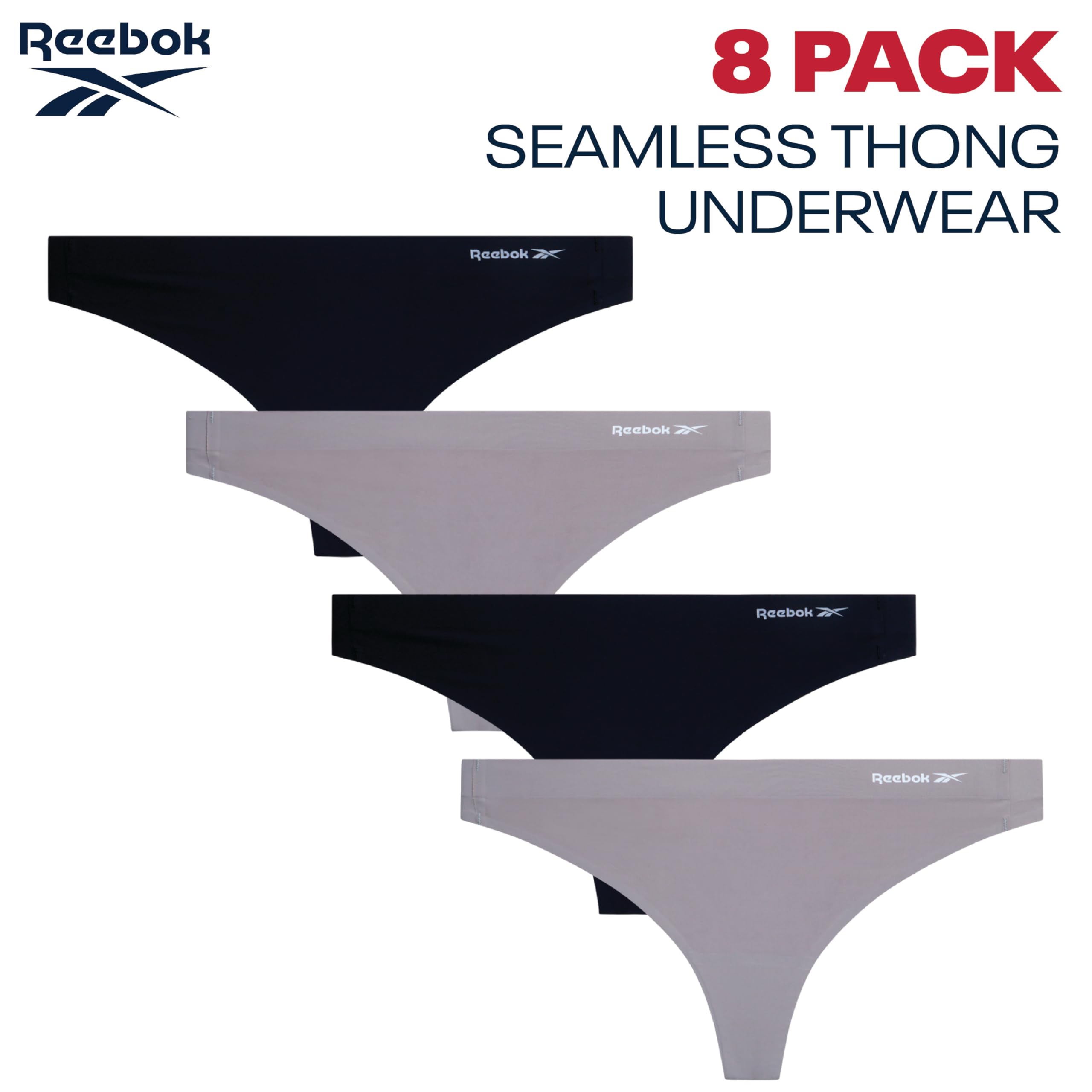 Reebok Lot de 4 ou 8 strings pour femme - Respirant - Stretch - Performance - Sexy - Sans couture - Taille S à XL