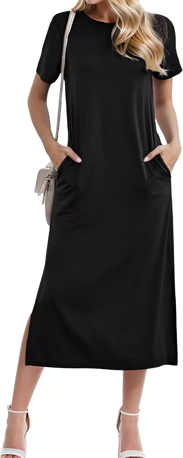 Womens Maxi Dresses Split Casual T Shirt Dress with Pockets Crew Neck Short Sleeve Summer Dresses Small Black