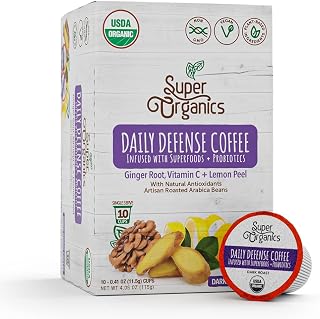 Super Organics Daily Defense Coffee (Organic) with Superfoods and Probiotics (Keurig K-Cup Compatible) 10ct Single Serve Cups