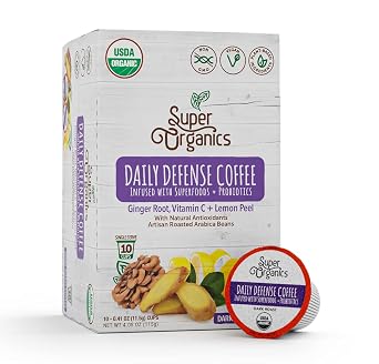 Super Organics Daily Defense Coffee - Organic Dark Roast Coffee K Cups with Superfoods and Probiotics Keurig K-Cup Compatible, 10ct Single Serve Cups