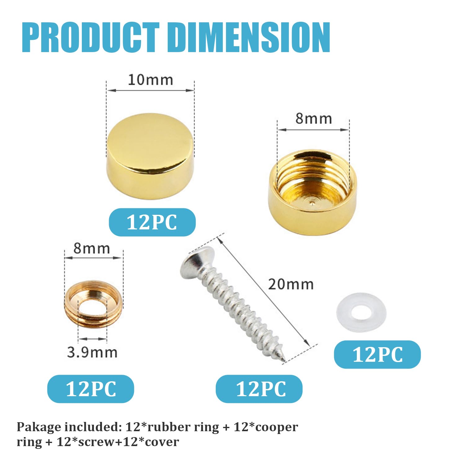 12PCS Juttzzei Brass Mirror Screws Caps, 10mm Decorative Screws with Caps for Mirrors Furniture Fittings, Glass, Tables - Image 2