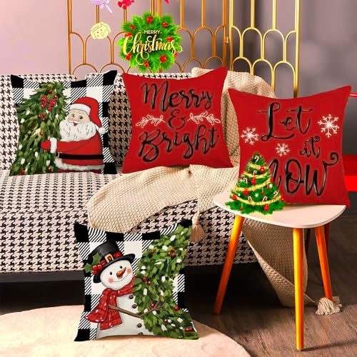 Christmas-Pillow-Covers-18×18-Inch-Set-of-4-Red-Xmas-Tree-Christmas-Snowman-Winter-Farmhouse-Holiday-Merry-Bright-Cushion-Case-for-Home-Couch-Decoration Christmas Pillow Covers 18×18 Inch Set of 4 Red Xmas Tree Christmas Snowman Winter Farmhouse Holiday Merry Bright Cushion Case for Home Couch Decoration
