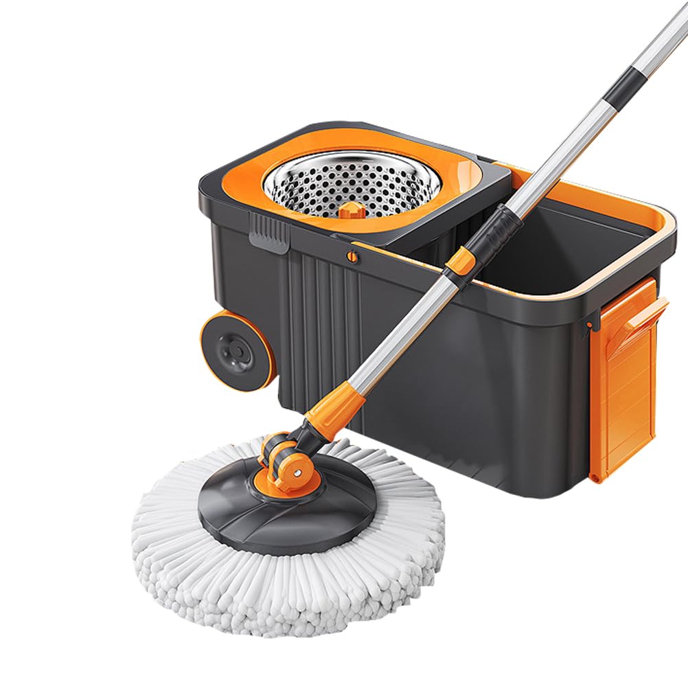Juego de Cubo y fregona con Almohadillas de Repuesto de Microfibra para una Limpieza del hogar sin Esfuerzo, Sistema de Limpieza de Suelos Giratorio de 360°, A