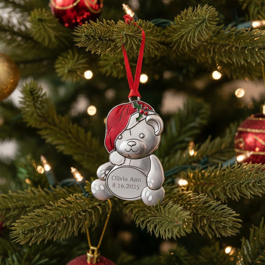 Personalization Universe My First Christmas Teddy Bear Ornament, Custom Etched with Baby's Name and Birth Date, Perfect Keepsake for Newborns, Heavy-Weight Silver, Boy or Girl
