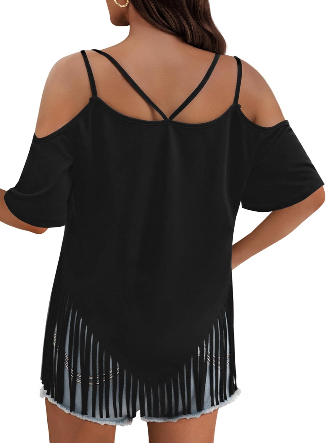 Remidoo Fringe Tops for Women Oversized T Shirt Bell Short Sleeve Sexy V Neck Shirts - Image 2