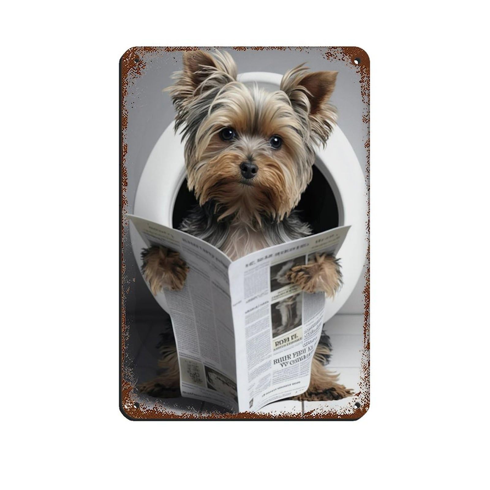 Yorkshire Terrier Sitting on The Toilet Reading A Newspaper Tin Sign Vintage Metal Pub Club Cafe Bar Home Wall Art Decoration Poster Retro 8x12inch(20x30cm)