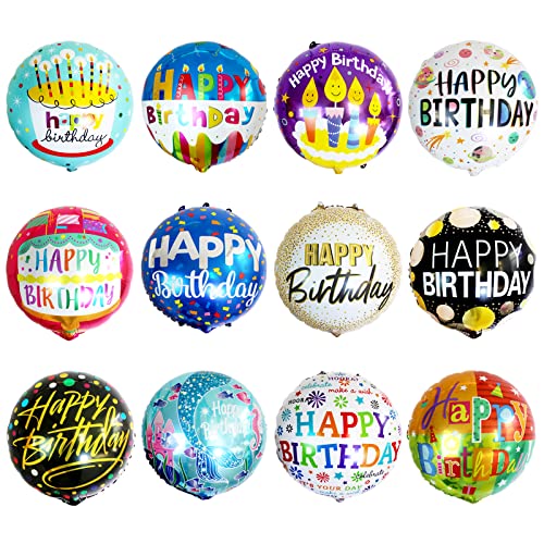 24 Pcs Happy Birthday Foil Balloons 18 inch Round Helium Floating Mylar Balloon Inflatable Balloons for Birthday Party Decorations Supplies,12 Patterns