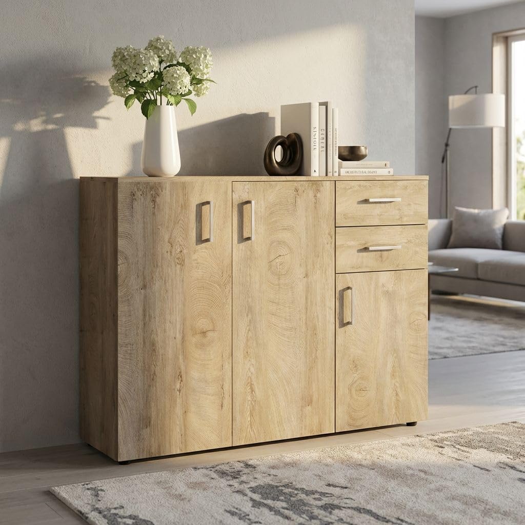 milani home - madia credenza moderna 2 cassetti e 3 ante, rovere chiaro, 106 x 36 x 83 cm