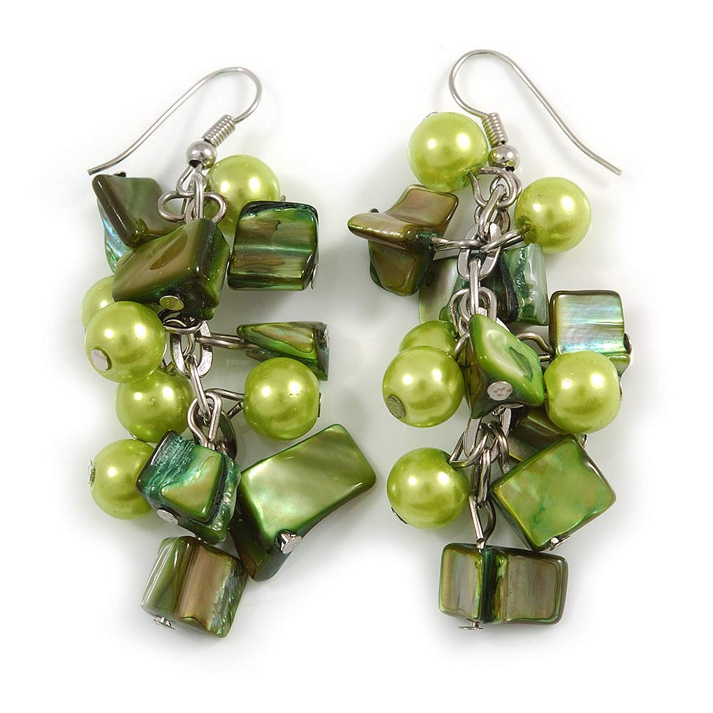 AvalayaSalad Green Glass Bead, Forest Green Shell Nugget Cluster Dangle Earrings/Silver Tone/ 60mm Drop