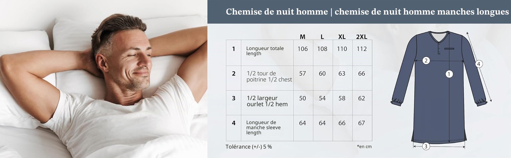 Chemise de nuit à manches longues pour homme avec poche poitrine Taille M à 3XL