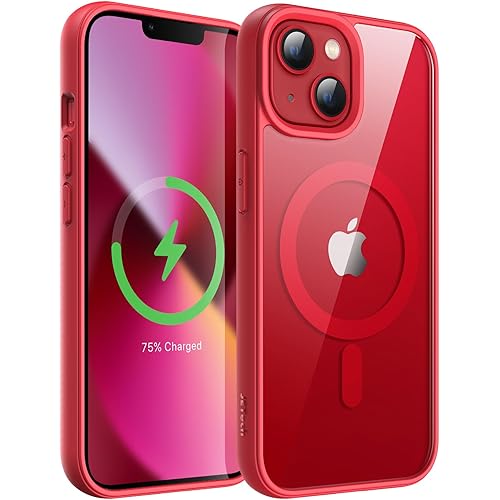 JETech Magnetic Case for iPhone 13 mini 5.4-Inch Compatible with MagSafe, Shockproof Phone Bumper Cover, Solid Color Matte TPU Frame, Anti-Scratch Clear Back (Red)