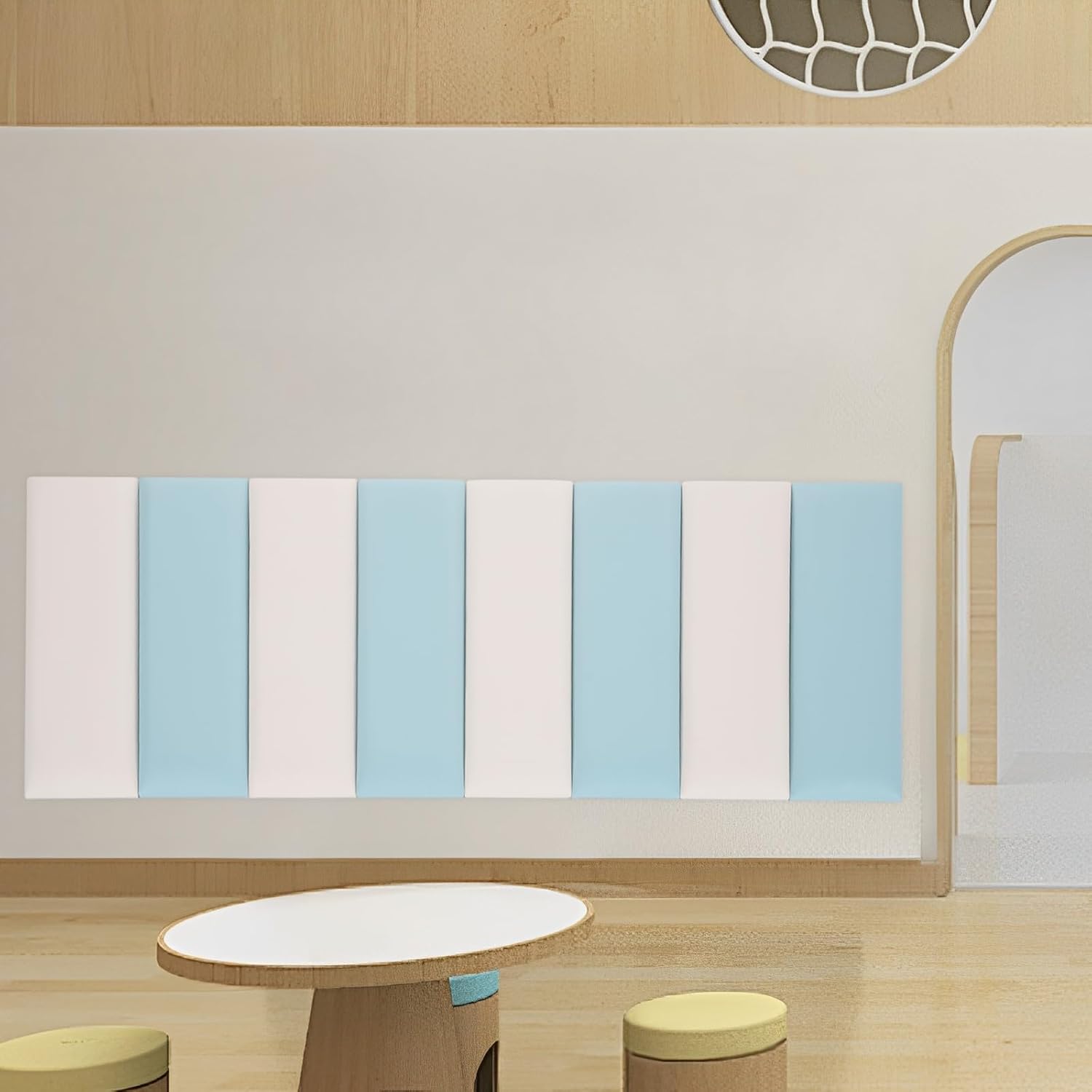 8 Pcs 3D Anti-Collision Wall Padding for Kids, 7.87''D×19.69''H Peel and Stick Headboard Upholstered Wall Panels, Nursery Decor Wall Padded, 3D Wall Stickers for Playroom (Beige + Wearable Dark Blue)