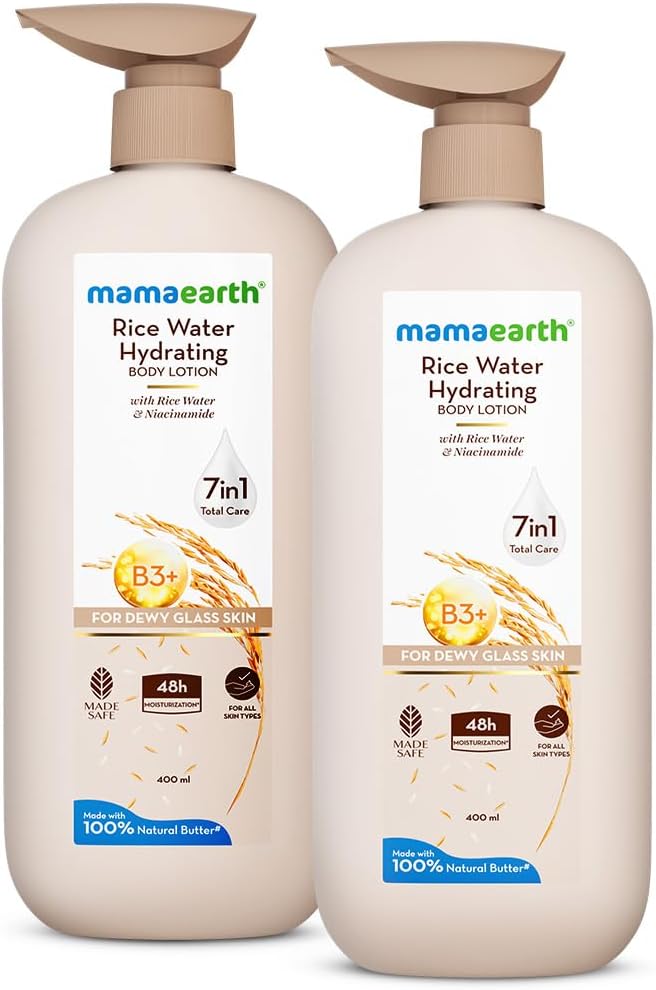 Mamaearth Rice Water Hydrating Body Lotion with Rice Water & Niacinamide for Dewy Glass Skin 400ml | 48H Moisturization | For Dry Skin | Nourishes Skin | 7in1 Total Care | 100% Natural Butter | NonGreasy Smooth Skin (Pack of 2)