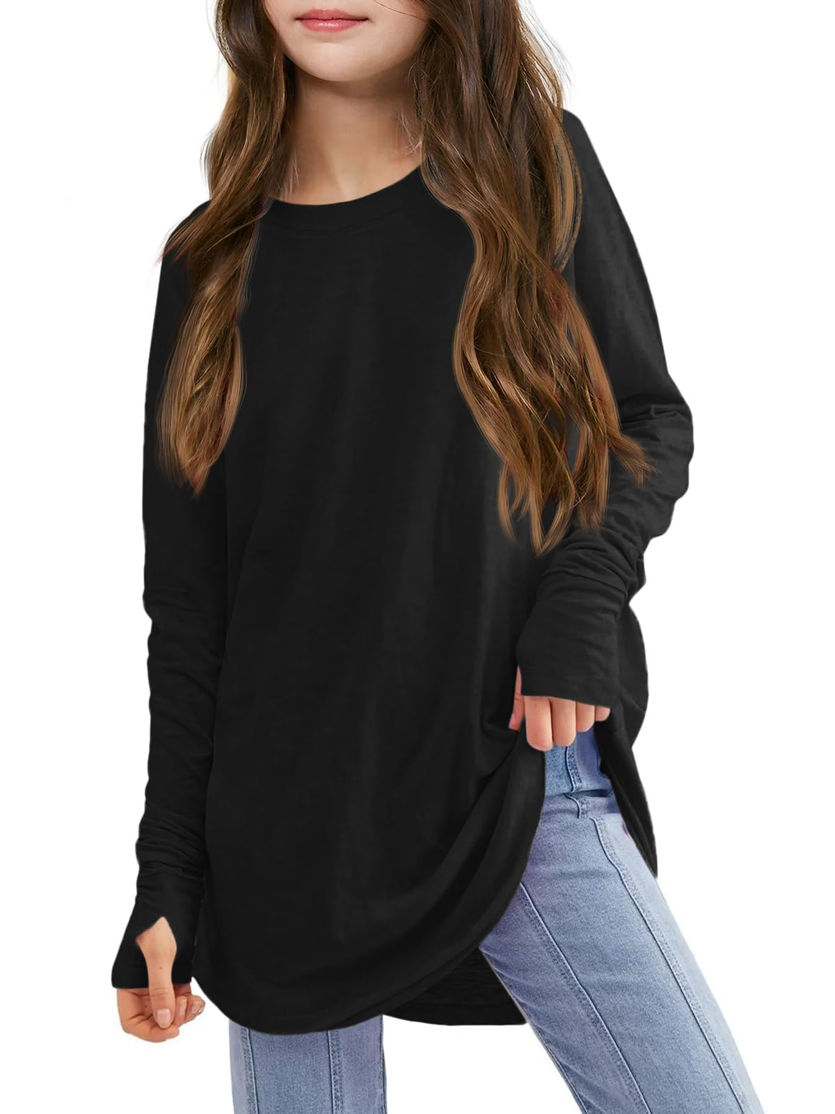 Haloumoning Mädchen Daumenlöcher Langarm T-Shirts Kinder Rundhalsausschnitt Saum Lose Tunika Tops Niedlich Langarmshirt