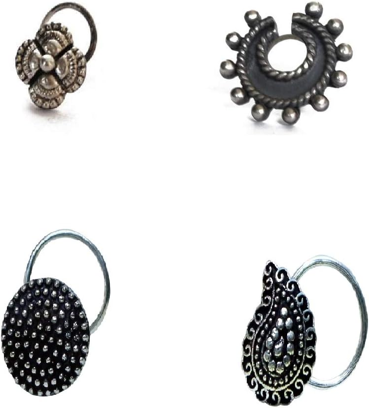 abhooshan Silver Alloy Trendy Combo Set of 4 Designer Antique Oxidized Nose Pin Studs for Women and Girls Stylish with Piercing Nose