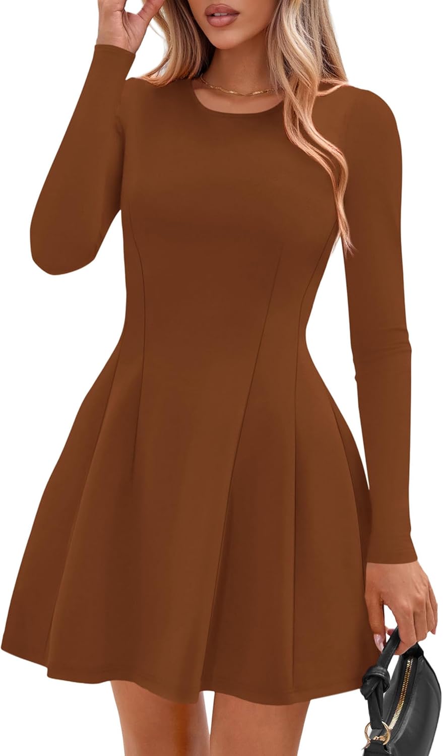 PRETTYGARDEN Long Sleeve Mini Dress for Women 2026 Spring Crewneck Knit Pleated Babydoll A Line Casual Short Party Dresses - Image 8