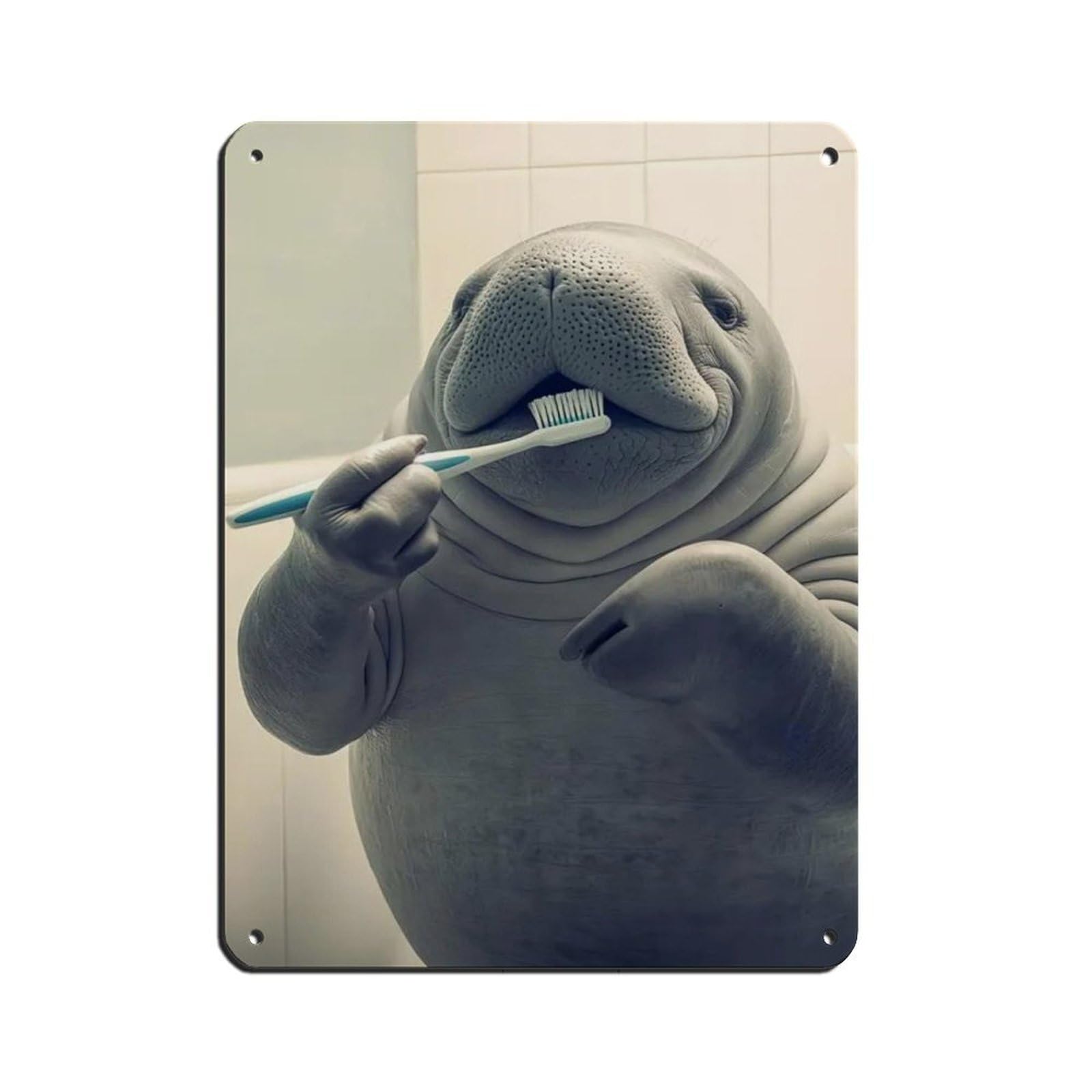 Manatee Brushing Teeth, Funny Bathroom Art Tin Sign Vintage Metal Pub Club Cafe Bar Home Wall Art Decoration Poster Retro 12x16inch(30x40cm)