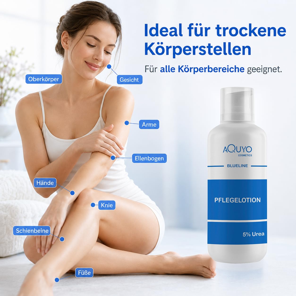 Blueline 5% Urea Creme Lotion, Körperlotion für trockene Haut, Feuchtigkeitslotion bei empfindlicher Haut, Neurodermitis, Juckreiz oder Psoriasis, Bodylotion zur Hautpflege (3x 500ml)