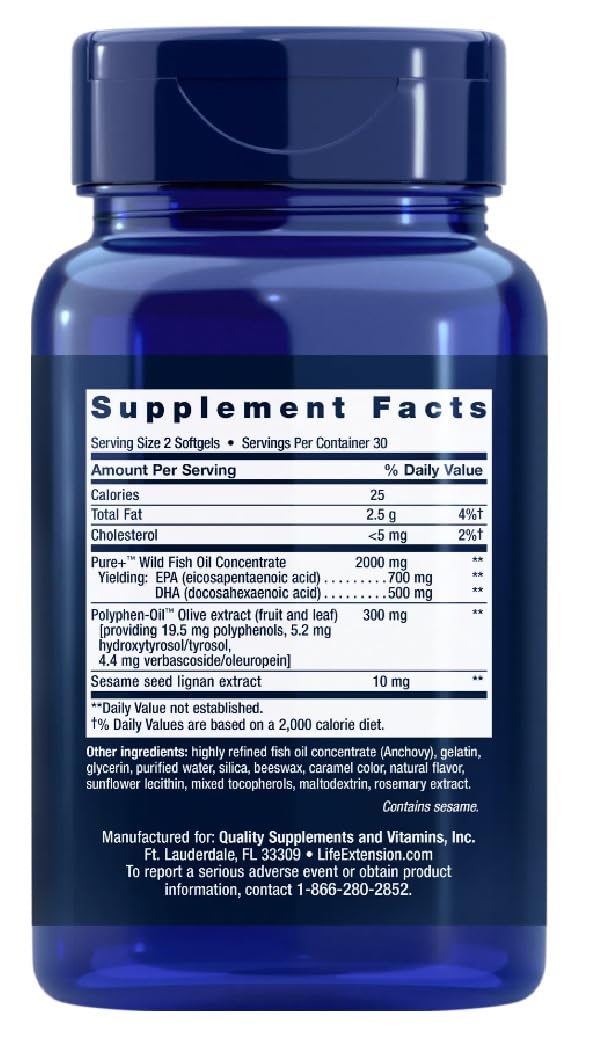 Life Extension - Super Omega-3 EPA/DHA mit Sesam Lignanen & Olivenextrakt | Hochdosierte Omega-3-Fettsäuren für Herzgesundheit und Gelenkfunktion - 60 Softgels