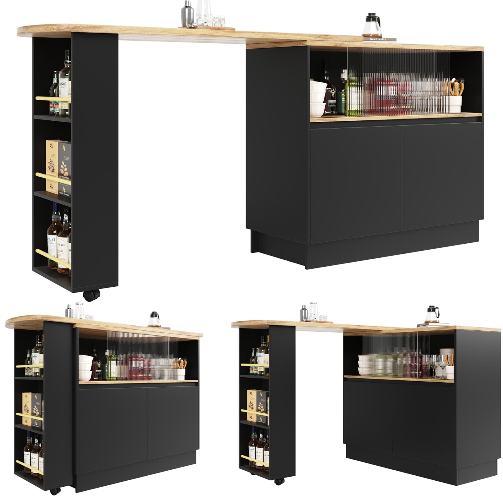 KOMHTOM Table de Bar Extensible avec Espace de Rangement, Meuble Bar avec 2 Portes en Verre, Rotation Libre à 360 °, étagères latérales (Noir)
