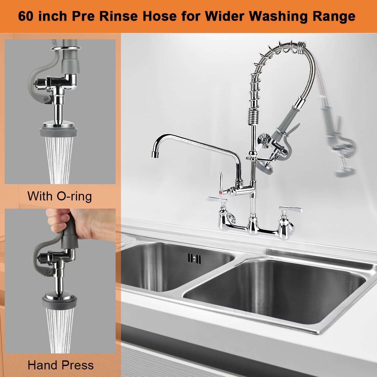Spray Valve with Pre Rinse Hose 60" Flexible Stainless Steel Commercial Hose with 1.42 GPM High Pressure Sprayer, Replacement Kit for Commercial Kitchen Sink Faucet, Grey