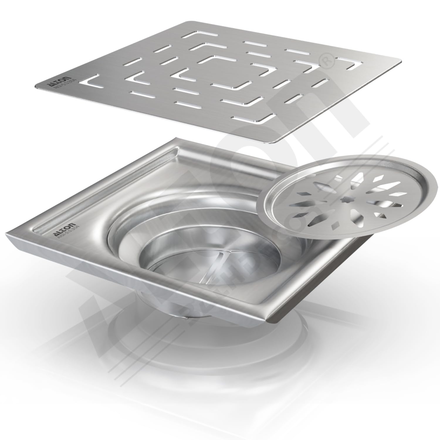 ALTONALD1002, SS-304 Grade, 5x5 INCH Plain, Bathroom Grating Square Floor Drain Jali with Cockroach Trap, Matte