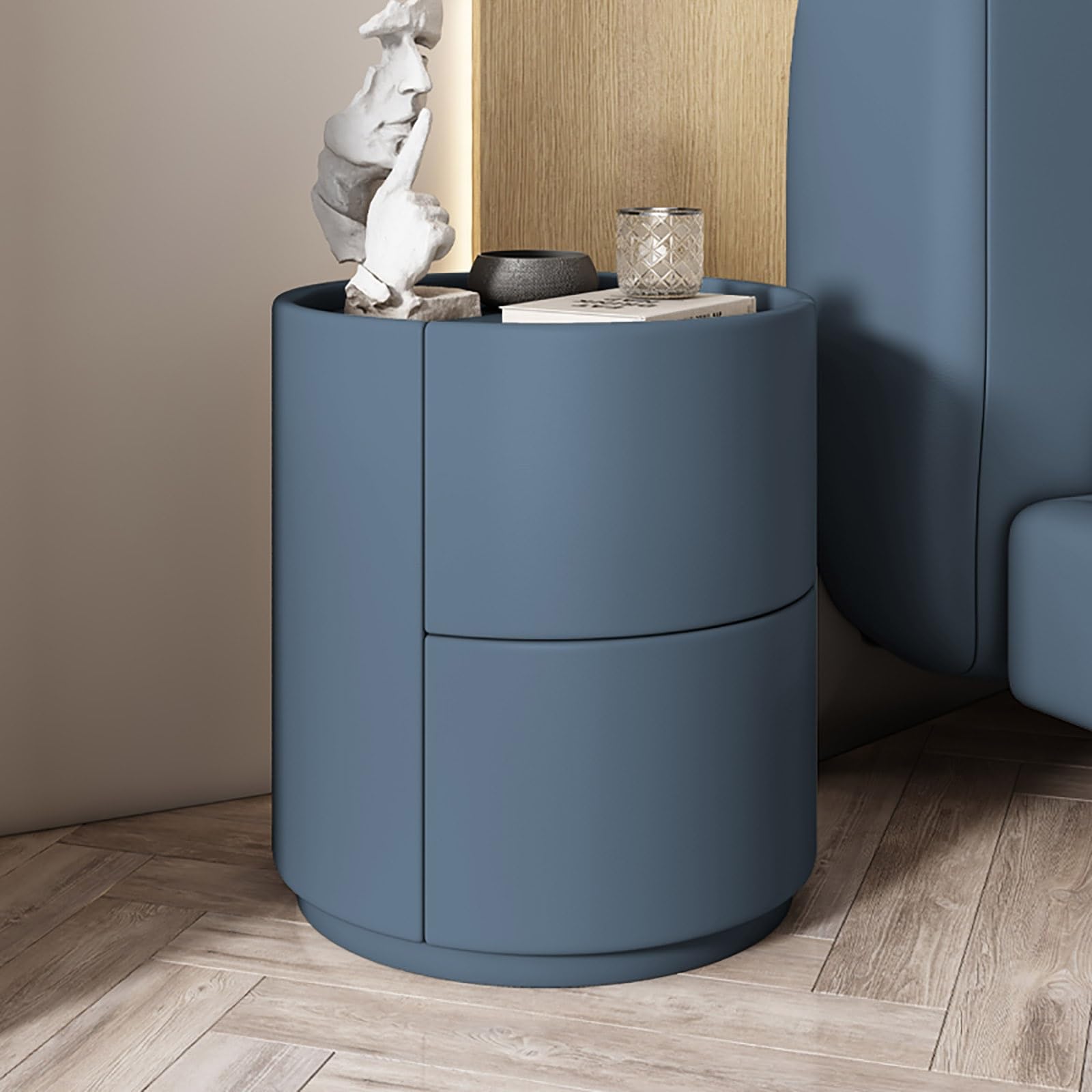 Comodino rotondo in legno massello bianco moderno e minimalista con doppi cassetti portaoggetti, comodino minimalista mini camera da letto moderna-comodino in legno massello ( Color : Haze blue , Size
