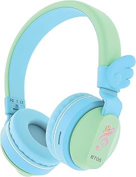 Riwbox BT05 Bluetooth Kids Headphones Wireless Foldable Headset Over Ear with Volume Limited and Mic/TF Card Compatible for iPad/iPhone/Tablet Green&Blue