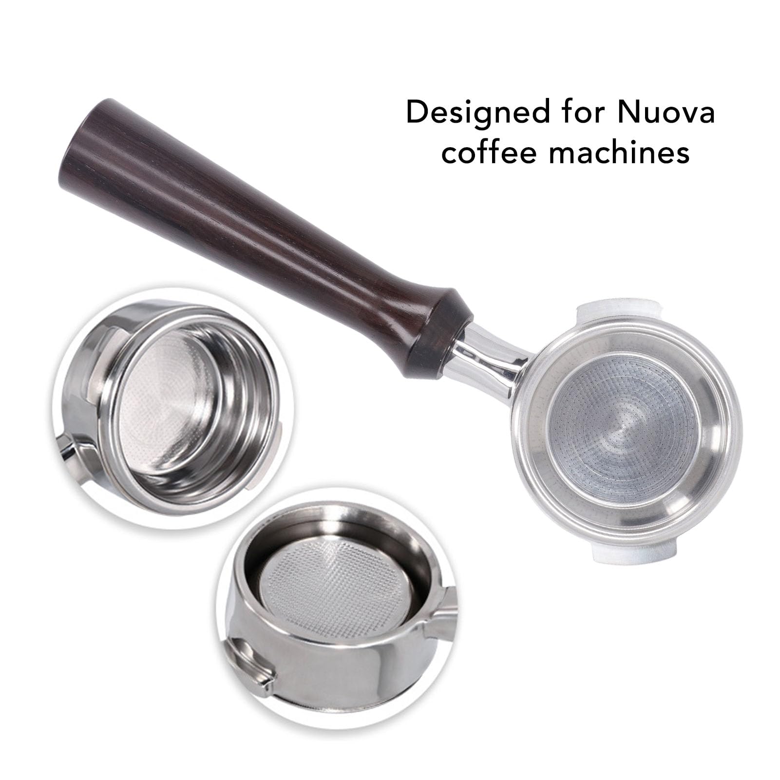 Cestello con Doppio Beccuccio Portafiltro con Beccuccio Doppio da 58 Mm, Portafiltro per caffè Cestello Filtro in Acciaio Inossidabile con 2 Orecchie Manico in Legno Massello per Macchine da