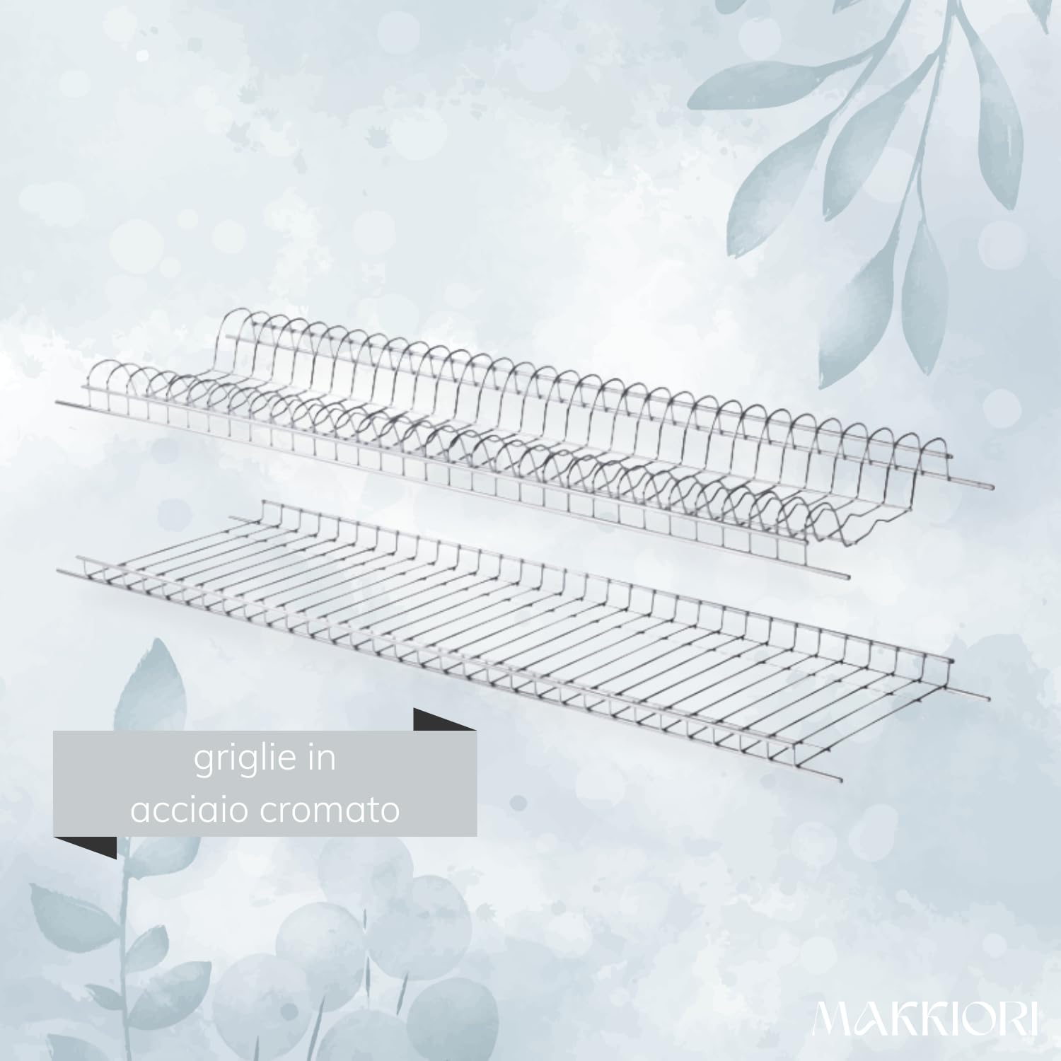 MAKKIORI Kit Scolapiatti | Griglia piatti e bicchieri con Vaschetta Raccogligoccie per Pensili Cucina | Acciaio cromo | Kit con Staffe (86 cm per pensile 90)