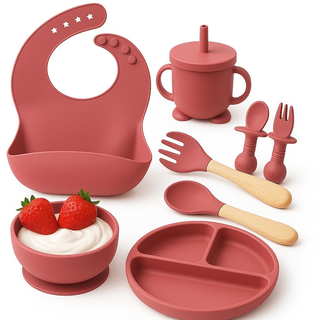RUDRAHAN 8-Piece Silicone Baby Feeding Set for 6+ Months | BPA Free Baby Weaning Set with Suction Plate, Bowl, Bib, Training Straw Cup, Spoon & Fork | Microwave, Dishwasher & Freezer Safe (Dusty Rose)-image-39