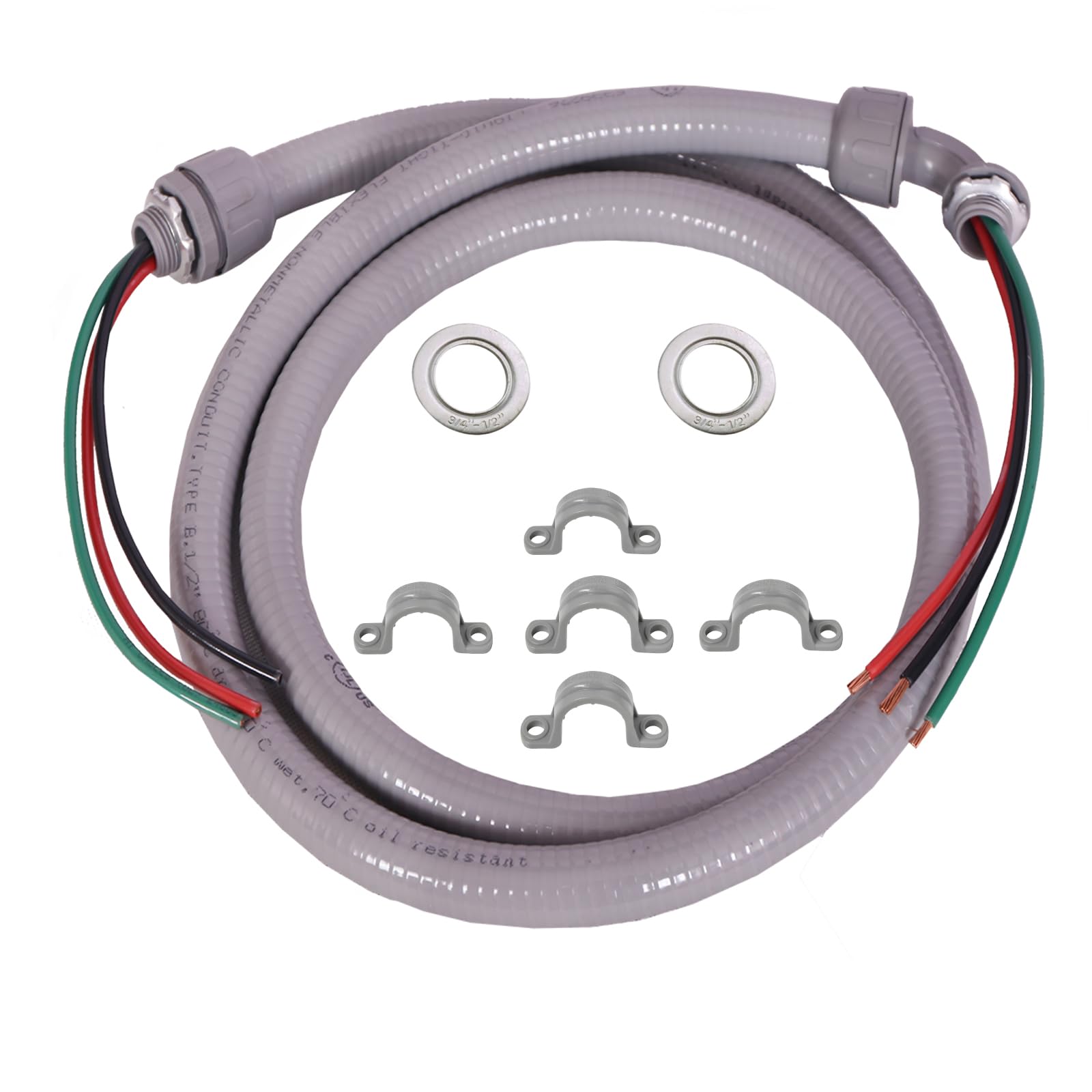 (1/2" Dia * 6 Feet with Wire) Yariwiz Flexible Electrical Conduit Liquid Tight PVC Conduit Kit with 3-Conductor 10 Gauge AWG Wires, Sealtight Seal Flex Liquidtight Wire Outdoor Non Metallic Grey