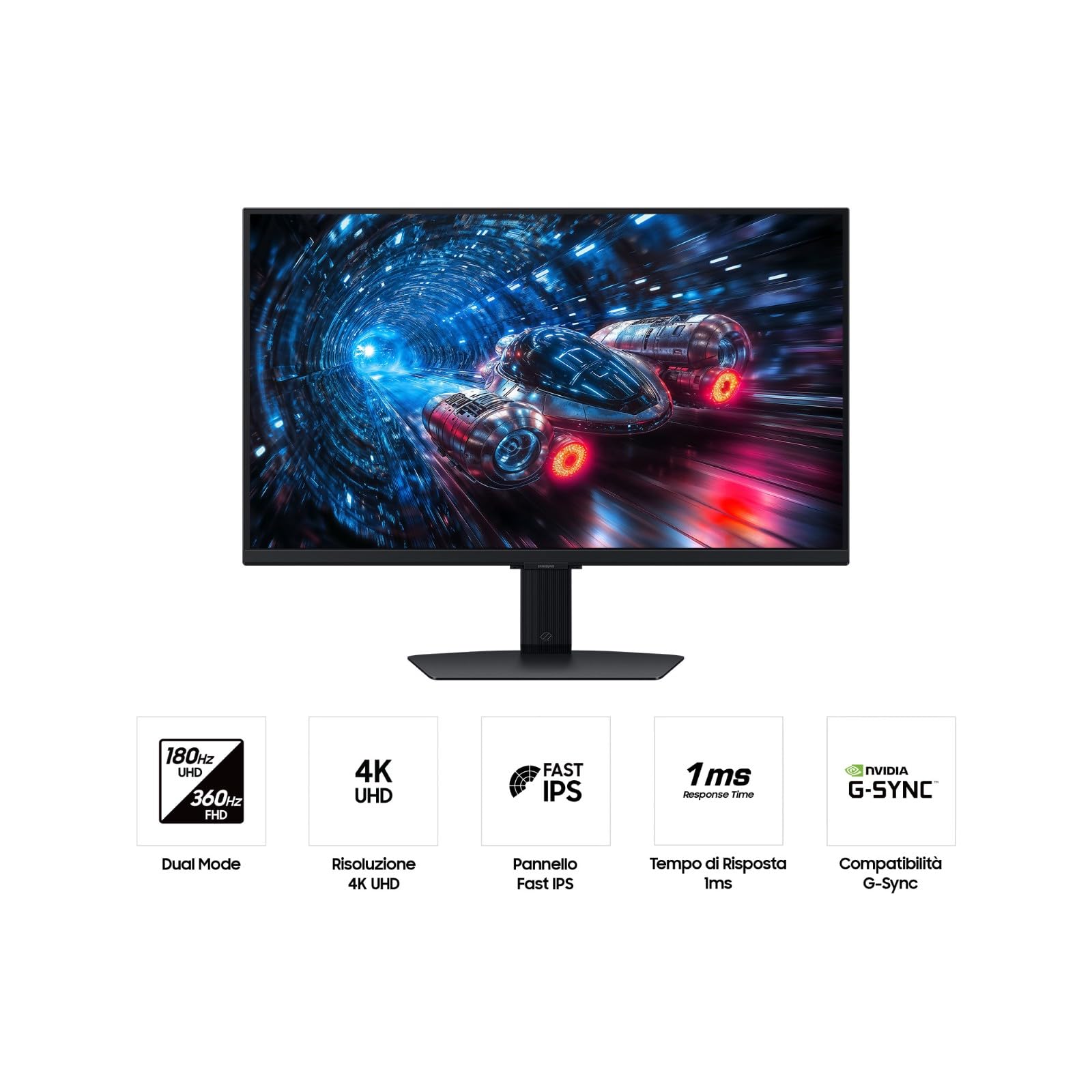 Samsung Monitor Gaming Odyssey G7 (S27FG702EU), Flat, 27'', 3840x2160 (UHD 4K), HDR10+, IPS, 180Hz, 1ms, Compatibilità G-Sync, HDMI, Display Port, Ingresso Audio, HAS, Pivot