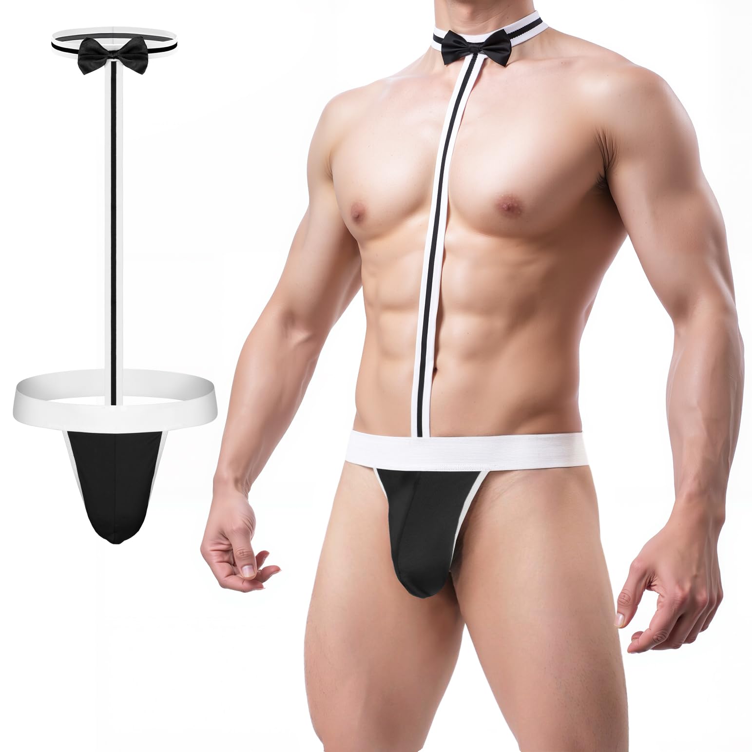 Mens Sexy Mankini Lingerie Costume G-String Thong Underwear with Bow Tie Suspender Swimwear