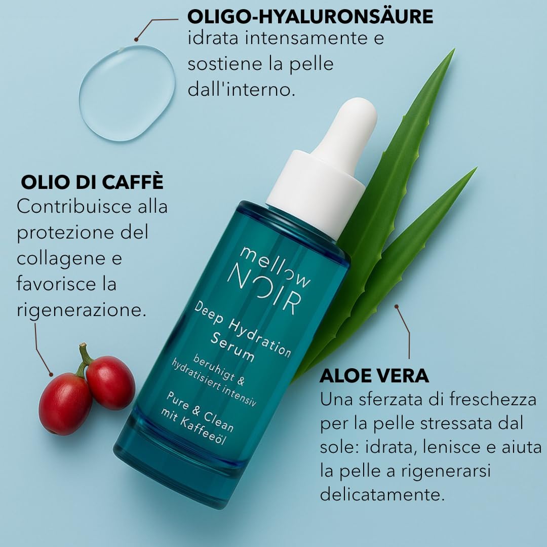 mellow NOIR Deep Hydration Serum 30ml Siero idratante con aloe vera | lenisce e idrata intensa, Cura del viso per la pelle secca e danneggiata, Vegano, Cosmetici naturali