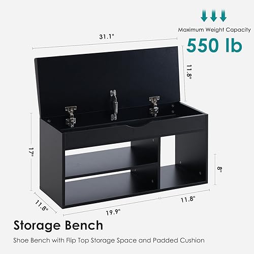 Miniatura 3 de Apicizon Banco de entrada con almacenamiento de zapatos, negro, zapatero de 2 niveles, cojín acolchado, marco de madera