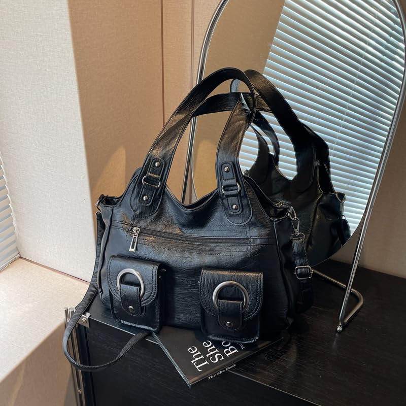 Mujeres PU Cuero Y2K Cool Girl Motocicleta Bolso Tote Gran Capacidad
