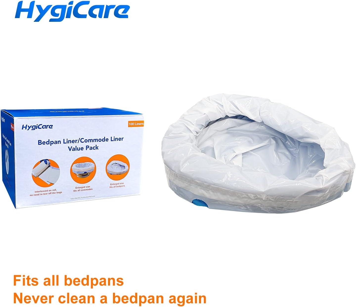 HygiCare Enlarged Size Bedpan Liners Commode Liners 100 Count Medical Grade Leakproof Best for All Size Bedpans and Commode Buckets Interleaved Bags on Roll No Need to Tear off Bags Tie Easy : Health & Household