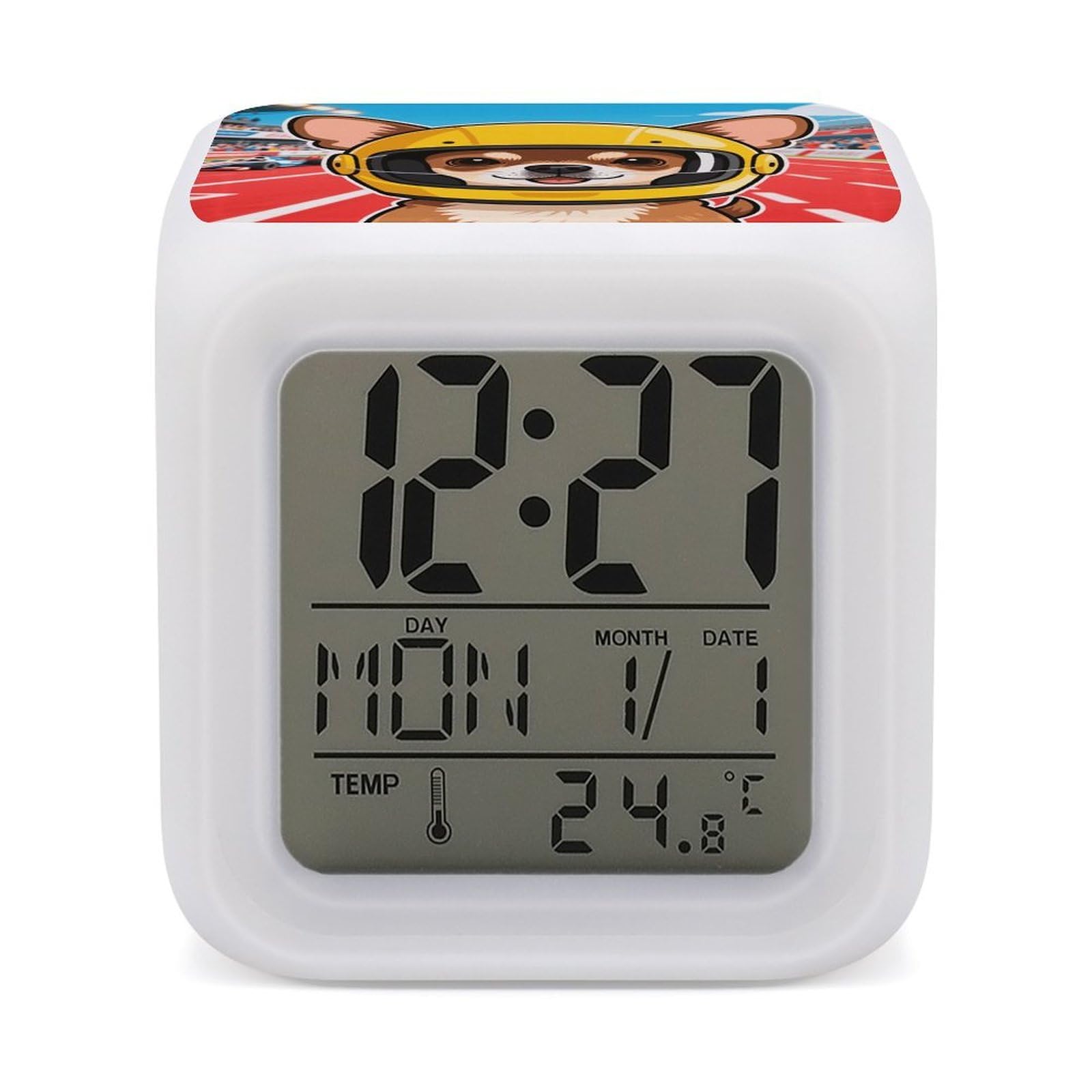 VstaDank Chihuahua on Track Alarm Clock with Date Temperature Large LED Display Number Clocks with 7 Colors Changing Desk Clock Battery Operated Digital Clocks with Date for Heavy Sleepers