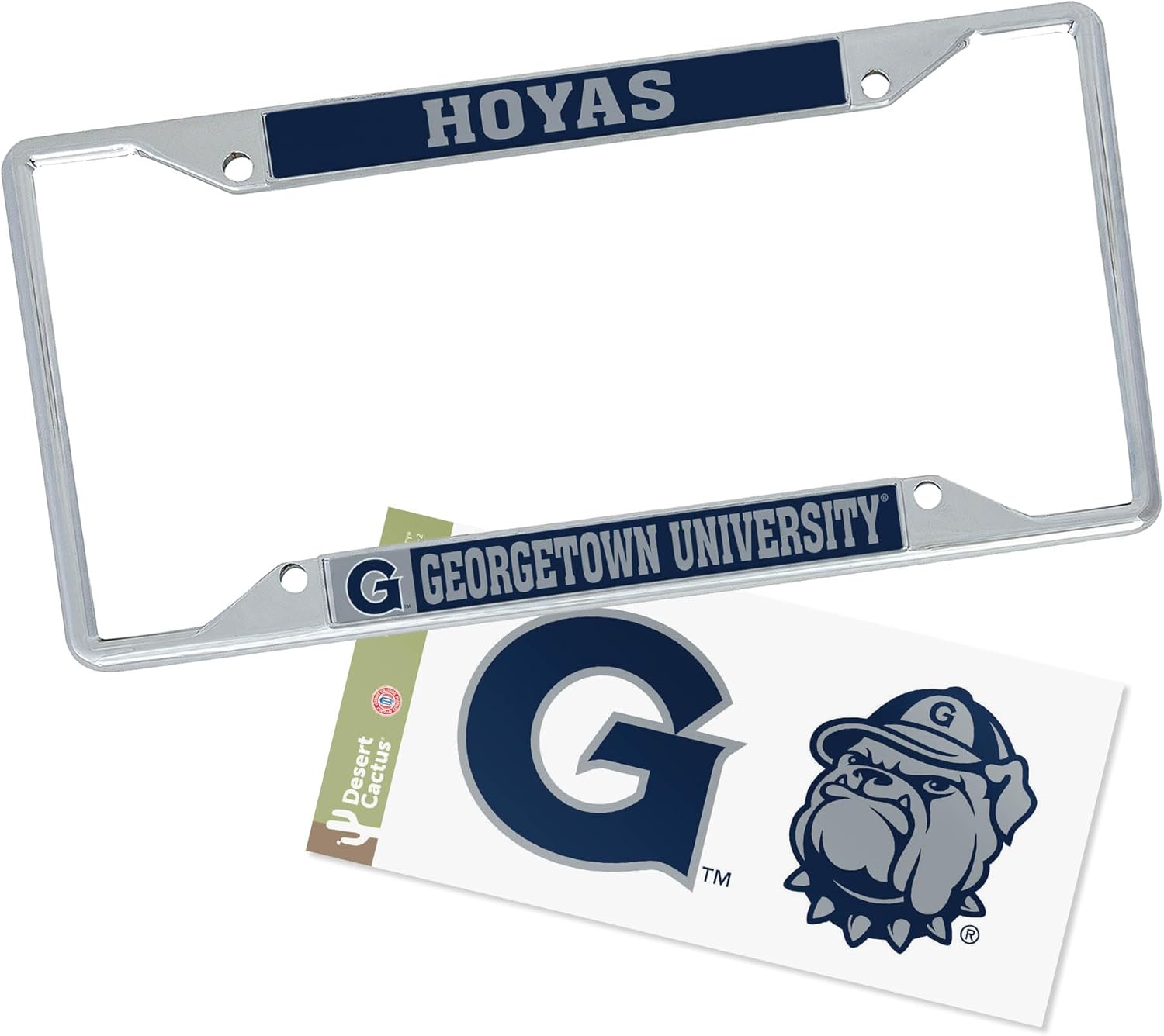 Desert Cactus Georgetown University Car Accessories Metal License Plate Frame and Sticker for Front or Rear of Car (Sticker Frame Combo - Blue Mascot)