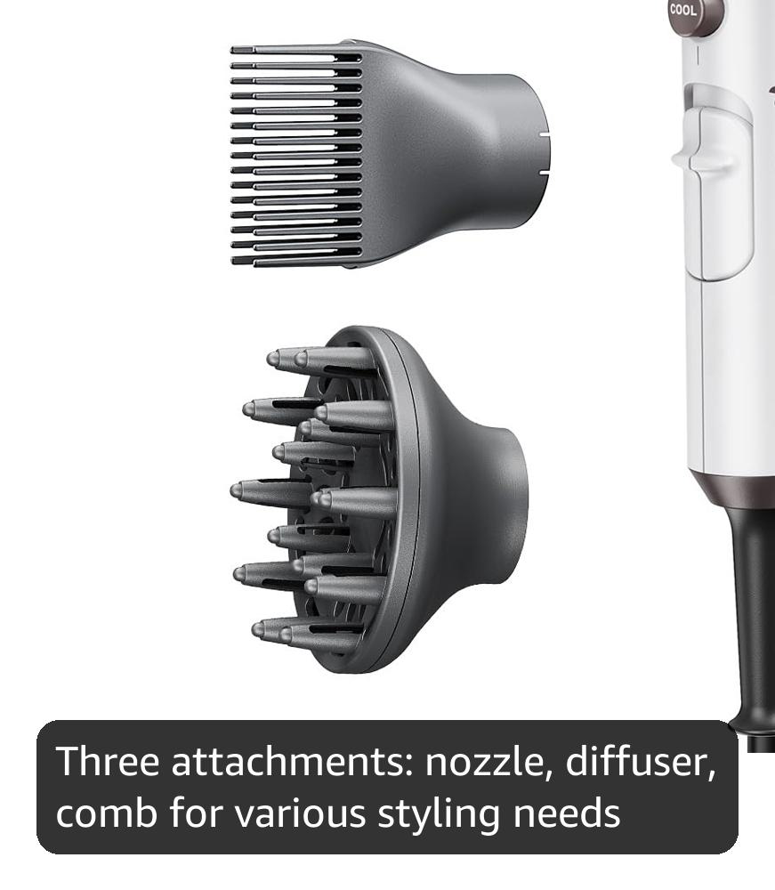 Wavytalk Hair Dryer, Blown Away Ionic Hair Dryer for Curly Hair with Diffuser, 1875W Fast Drying Blow Dryer with Ceramic Technology, 3 Attachments for All Hair Types, Light and Quiet, White