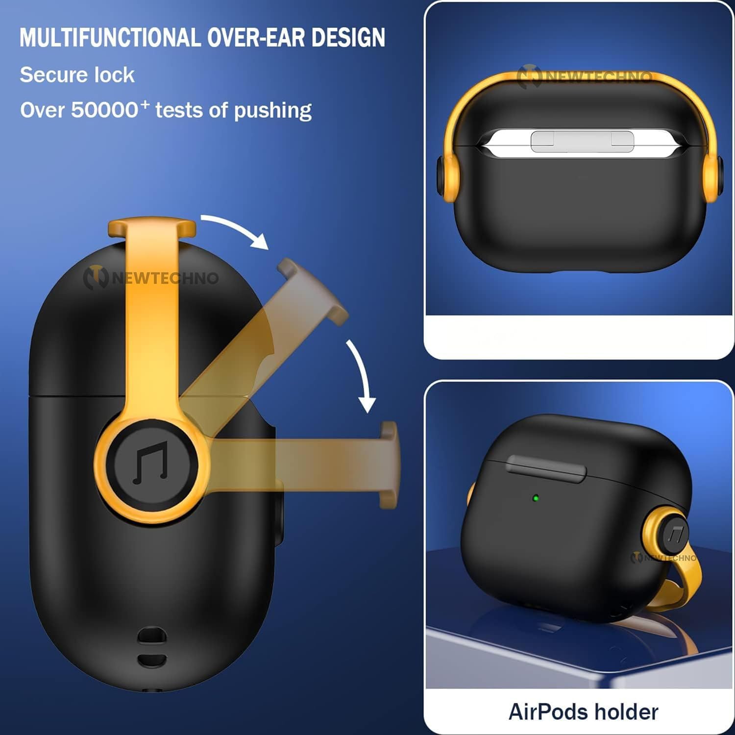 NEWTECHNO Antilost Lid Case Cover Shell for Airpods pro 3 (2025)| Full Protection Case Cover with Lanyard Compatible for Airpods Pro 3rd Generation with carabaner, Secure Lock Design Black-Yellow — Amazon image 5