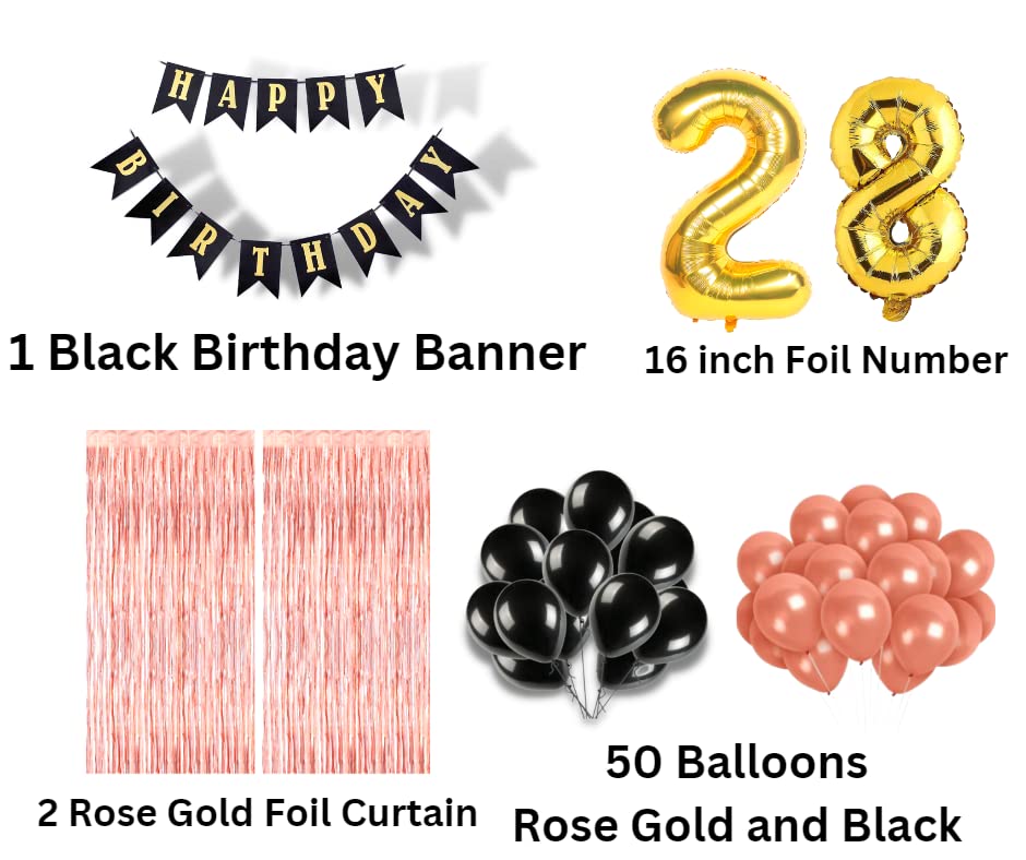 Image of 28th Birthday Decoration items for Girls with Black and Rose Gold Balloons, Black Happy Birthday Banner, Rose Gold Foil Curtain, Foil Balloon number 28