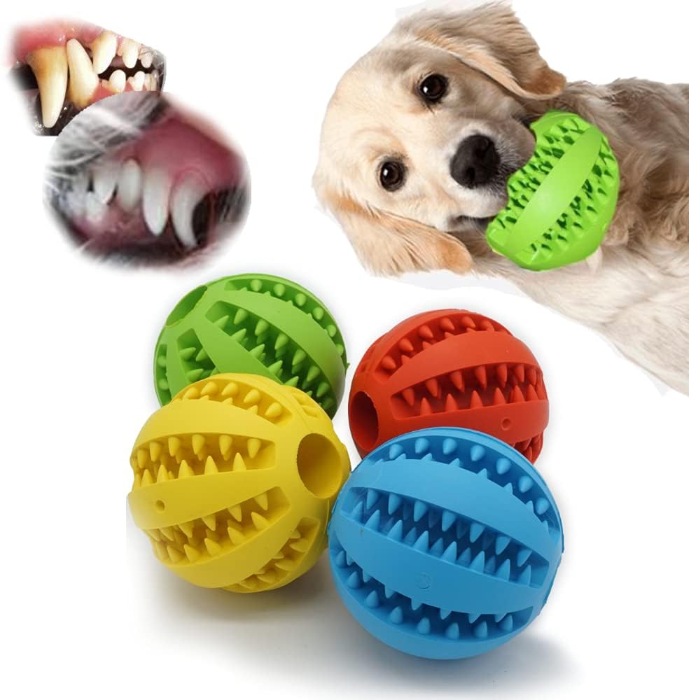Pet Supplies : Dog Toy Ball for Aggressive chewers Set of 4 - Dental Rubber Ball - Interactive Slow Feed Pack 4pcs 2.3 Inch - Durable Chewing Toys for Medium Large Dogs Breeds, Natural Clean Teeth Brush : 