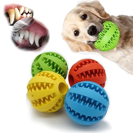 Dog Toy Ball for Aggressive chewers Set of 4, Interactive Slow Feed Pack 4pcs 2.3 Inch, Durable Chewing Toys for Small Medium Large Dogs Breeds, Training, Clean Teeth Brush, Natural Rubber Durable
