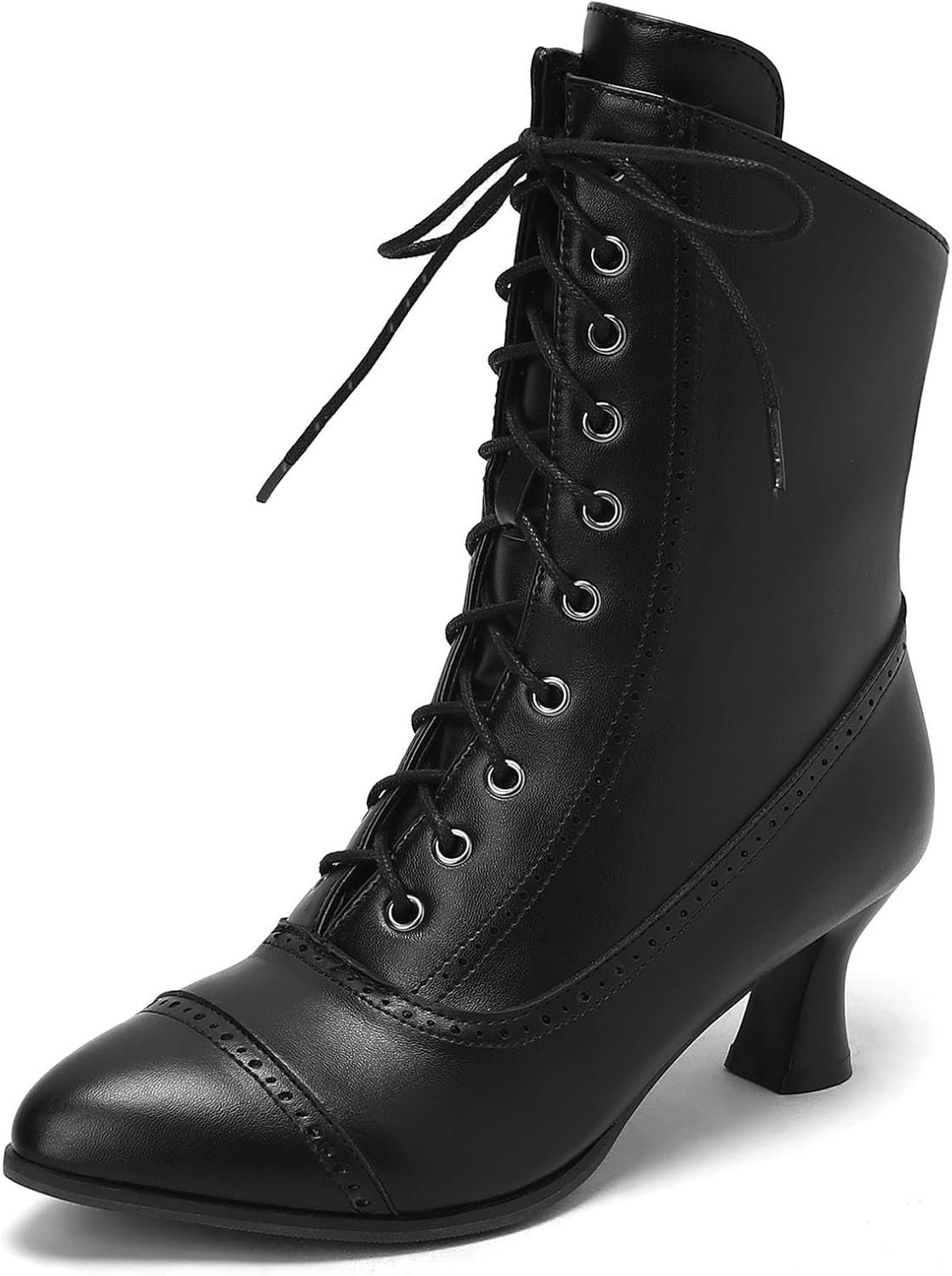 SHEMEE Kitten Heels Ankle Boots for Women Vintage Victorian Style Lace-Up Booties Mid Heels Zipper Shoes with Buckled